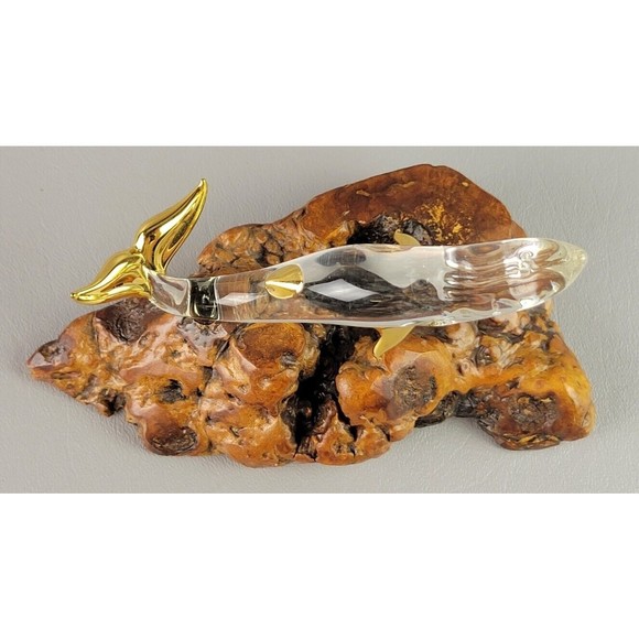 Glass Baron Handcrafted Humpback Whale Wood Mounted Base Gold Trim - Picture 10 of 11